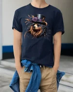 Elegant Yorkie Dog with Hat Floral Art Graphic T-Shirt - model wearing navy tee with hands in pockets