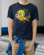 Funny Colorful Bird Big Eyes Cartoon Graphic T-Shirt - model wearing navy tee with hands in pockets