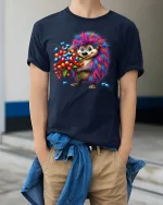 Cute Rainbow Hedgehog Fruit Lover Graphic T-Shirt - model wearing navy tee with hands in pockets