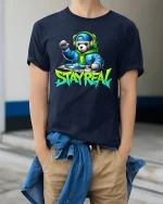 DJ Bear Stay Real Streetwear Graphic Print T-Shirt - model wearing navy tee with hands in pockets