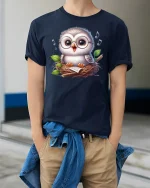 Cute Singing Owl in Nest with Glasses Graphic T-Shirt - model wearing navy tee with hands in pockets
