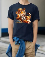 Cute Cowboy Tiger Funny Country Style Graphic T-Shirt - model wearing navy tee with hands in pockets