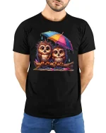 Cute Owl Couple Under Umbrella Rainy Day T-Shirt - model wearing black tee with hands behind back