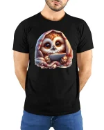 Cute Cozy Owl with Blanket Funny Lazy Day Graphic Tee - model wearing black tee with hands behind back