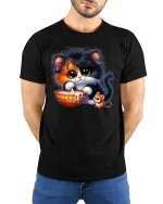 Cute Kitten and Mouse Sharing Milk Funny Animal T-Shirt - model wearing black tee with hands behind back