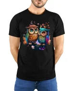Cute Owl Couple in Love Colorful Funny Animal T-Shirt - model wearing black tee with hands behind back