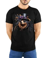 Elegant Yorkie Dog with Hat Floral Art Graphic T-Shirt - model wearing black tee with hands behind back