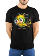 Funny Colorful Bird Big Eyes Cartoon Graphic T-Shirt - model wearing black tee with hands behind back