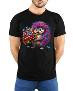 Cute Rainbow Hedgehog Fruit Lover Graphic T-Shirt - model wearing black tee with hands behind back