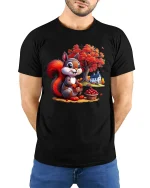 Cute Autumn Squirrel Harvest Basket Graphic T-Shirt - model wearing black tee with hands behind back