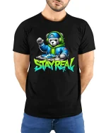 DJ Bear Stay Real Streetwear Graphic Print T-Shirt - model wearing black tee with hands behind back