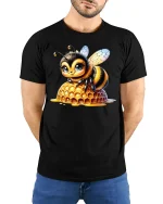 Cute Honey Bee Sitting on Honeycomb Graphic T-Shirt - model wearing black tee with hands behind back