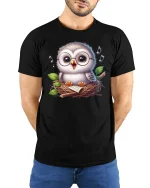 Cute Singing Owl in Nest with Glasses Graphic T-Shirt - model wearing black tee with hands behind back