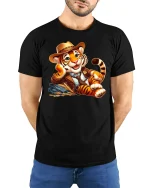 Cute Cowboy Tiger Funny Country Style Graphic T-Shirt - model wearing black tee with hands behind back