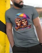 Cute Owl Couple Under Umbrella Rainy Day T-Shirt - model wearing grey tee, leaning on column