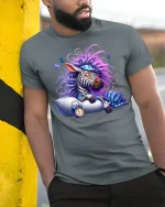 Funny Sleepy Zebra Pajama Dreamy Night Graphic Tee - model wearing grey tee, leaning on column