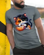 Cute Kitten and Mouse Sharing Milk Funny Animal T-Shirt - model wearing grey tee, leaning on column