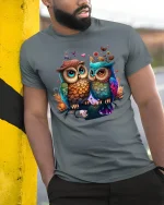 Cute Owl Couple in Love Colorful Funny Animal T-Shirt - model wearing grey tee, leaning on column