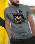 Elegant Yorkie Dog with Hat Floral Art Graphic T-Shirt - model wearing grey tee, leaning on column