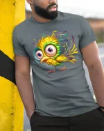 Funny Colorful Bird Big Eyes Cartoon Graphic T-Shirt - model wearing grey tee, leaning on column