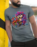 Cute Rainbow Hedgehog Fruit Lover Graphic T-Shirt - model wearing grey tee, leaning on column