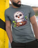 Cute Singing Owl in Nest with Glasses Graphic T-Shirt - model wearing grey tee, leaning on column
