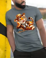 Cute Cowboy Tiger Funny Country Style Graphic T-Shirt - model wearing grey tee, leaning on column
