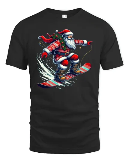 Santa Snowboard Ride Christmas Spirit T-Shirt - black t-shirt on white background