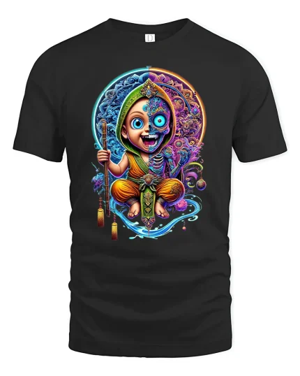 Mystic Monk Dual Spirit Colorful Energy T-Shirt - black t-shirt on white background