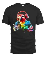 Funky Parrot With Headphones Music Vibe T-Shirt - black t-shirt on white background