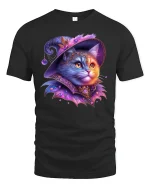 Magical Witch Cat Fantasy Art Sparkle T-Shirt - black t-shirt on white background