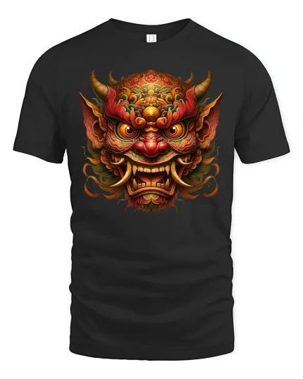 Fierce Demon King Samurai Mask Power T-Shirt - black t-shirt on white background