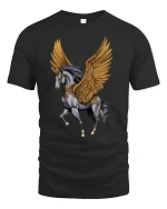 Golden Winged Pegasus Fantasy Art T-Shirt - black t-shirt on white background