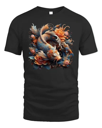 Golden Koi Blossom Harmony Artistic T-Shirt - black t-shirt on white background