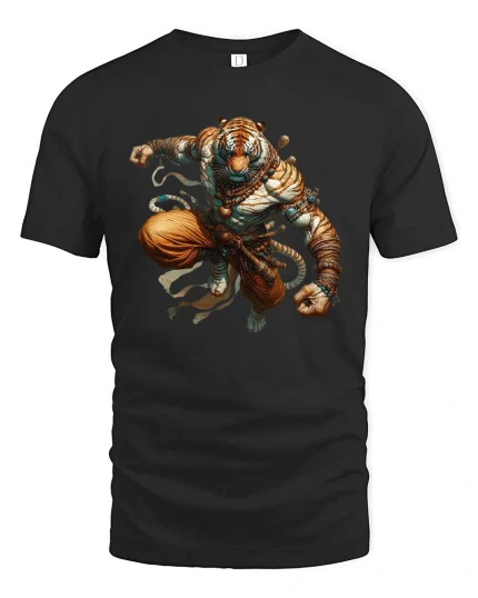 Warrior Tiger Monk Spirit Power Graphic T-Shirt - black t-shirt on white background