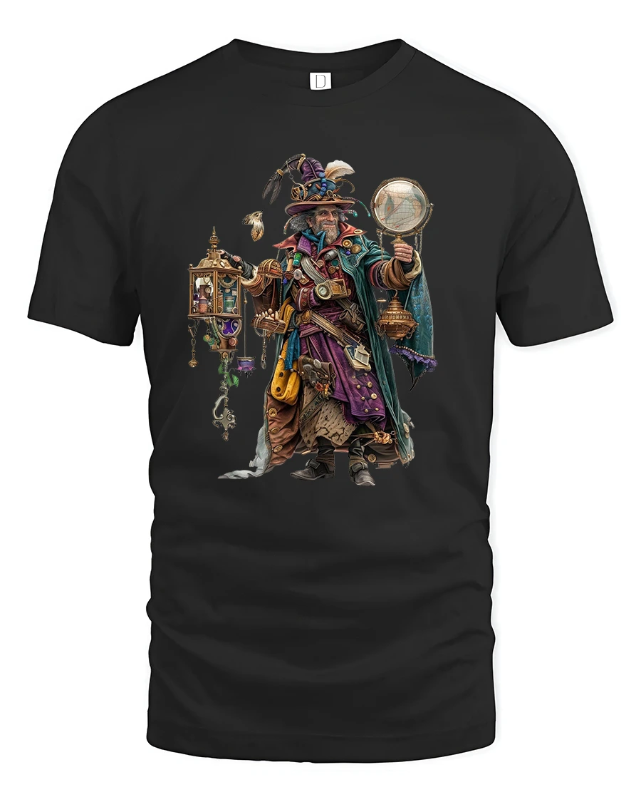 Steampunk Wizard Explorer Fantasy Art T-Shirt - 1 Steampunk Wizard Explorer Fantasy Art T-Shirt - black t-shirt on white background
