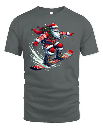 Santa Snowboard Ride Christmas Spirit T-Shirt - gray t-shirt on white background