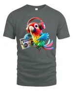 Funky Parrot With Headphones Music Vibe T-Shirt - gray t-shirt on white background