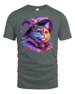 Magical Witch Cat Fantasy Art Sparkle T-Shirt - gray t-shirt on white background