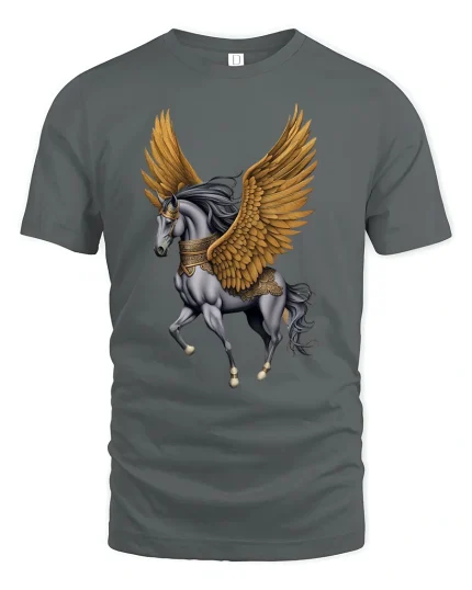 Golden Winged Pegasus Fantasy Art T-Shirt - gray t-shirt on white background