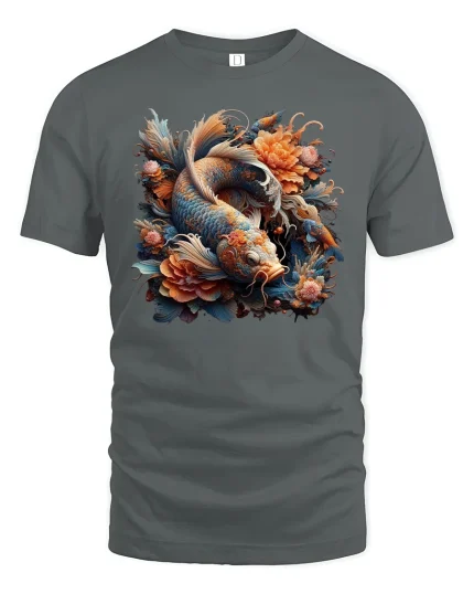 Golden Koi Blossom Harmony Artistic T-Shirt - gray t-shirt on white background