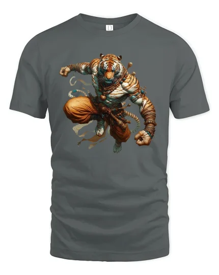 Warrior Tiger Monk Spirit Power Graphic T-Shirt - gray t-shirt on white background