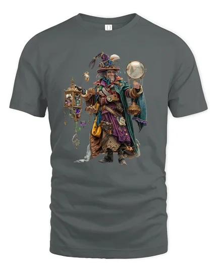Steampunk Wizard Explorer Fantasy Art T-Shirt - gray t-shirt on white background