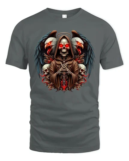 Grim Reaper Dark Wings Skull Master T-Shirt - gray t-shirt on white background