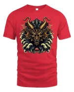 Golden Dragon Fury Mythic Power Graphic T-Shirt - red t-shirt on white background