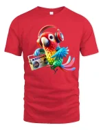 Funky Parrot With Headphones Music Vibe T-Shirt - red t-shirt on white background