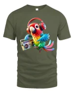 Funky Parrot With Headphones Music Vibe T-Shirt - military green t-shirt on white background