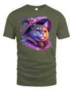 Magical Witch Cat Fantasy Art Sparkle T-Shirt - military green t-shirt on white background