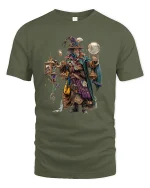 Steampunk Wizard Explorer Fantasy Art T-Shirt - military green t-shirt on white background