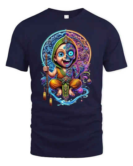 Mystic Monk Dual Spirit Colorful Energy T-Shirt - navy t-shirt on white background
